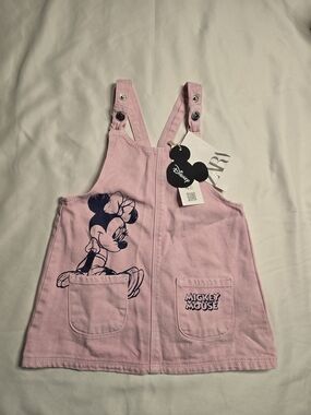 Zara Disney Pink Minnie Mouse Girls' Overalls Dress with Navy Print